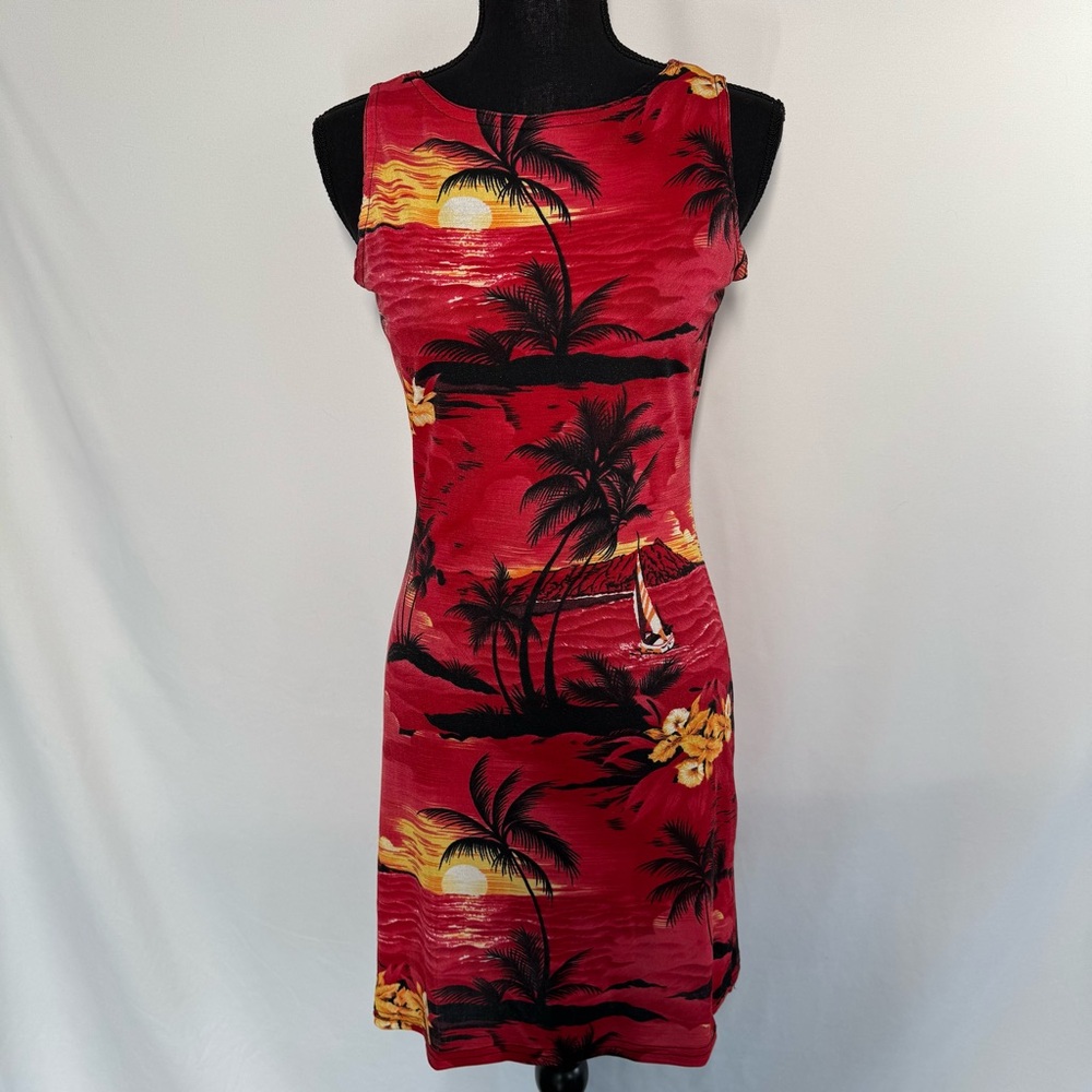 Vintage 90s Jananas Slinky Tropical Sunset Red
Hawaiian Palm Tree Dress Size M